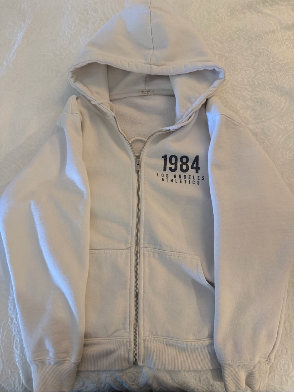 Brandy Melville Cream Zip-Up Hoodie with Navy Print